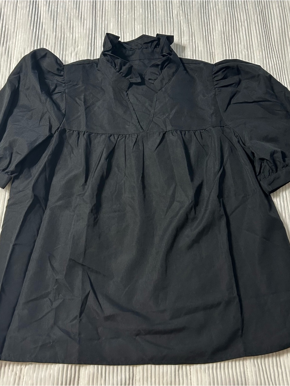 Ruffled V-Neck Puff Sleeve Blouse - Black